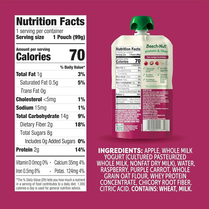 Beech-Nut Baby & Toddler Food Pouches with Protein and Fiber, Apple Yogurt Raspberry Purple Carrot & Oat Puree, 3.5 oz (12 Pack) - Image 2